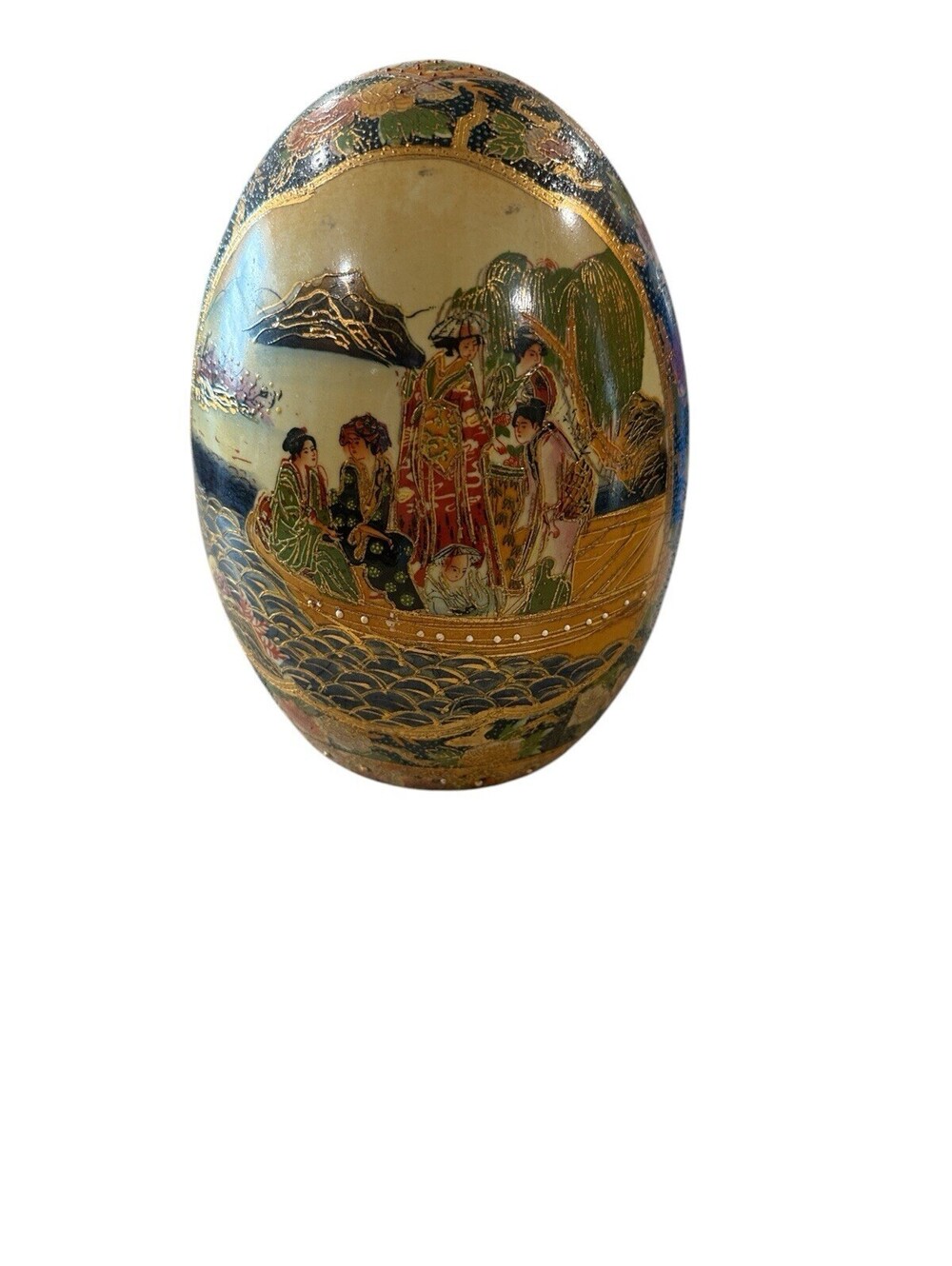 Vintage 1980s Chinese Satsuma Moriage Decorative Egg Geisha Design